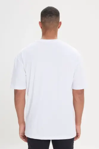 Men's White Oversized Relaxed Fit Crew Neck 100% Cotton Printed T-Shirt-White - 4