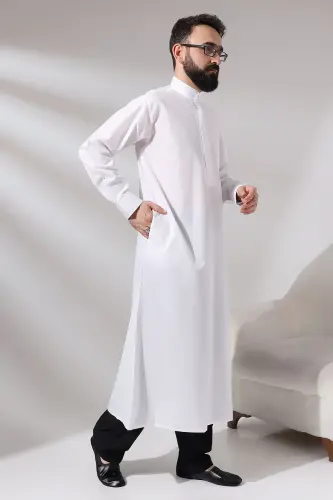 Men's White Poplar Hajj and Umrah Outfit Long Boy Dagron Fabric Dress - IHVAN ONLINE (1)