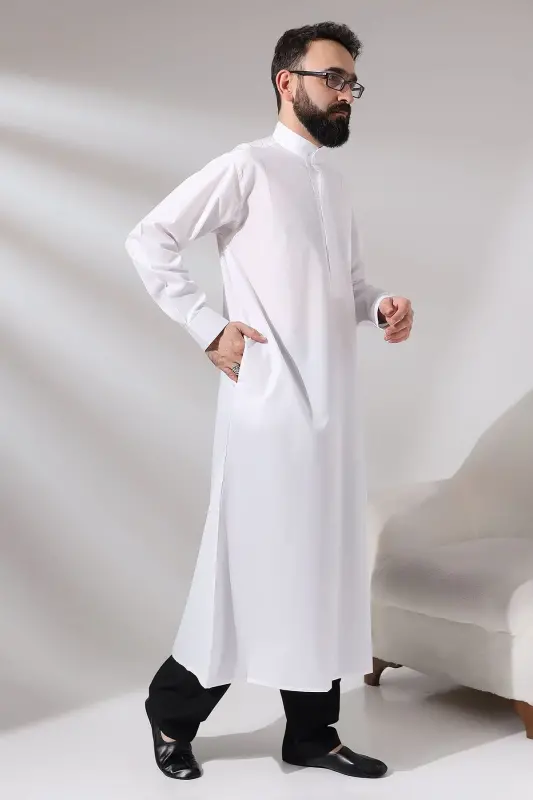 Men's White Poplar Hajj and Umrah Outfit Long Boy Dagron Fabric Dress - 2