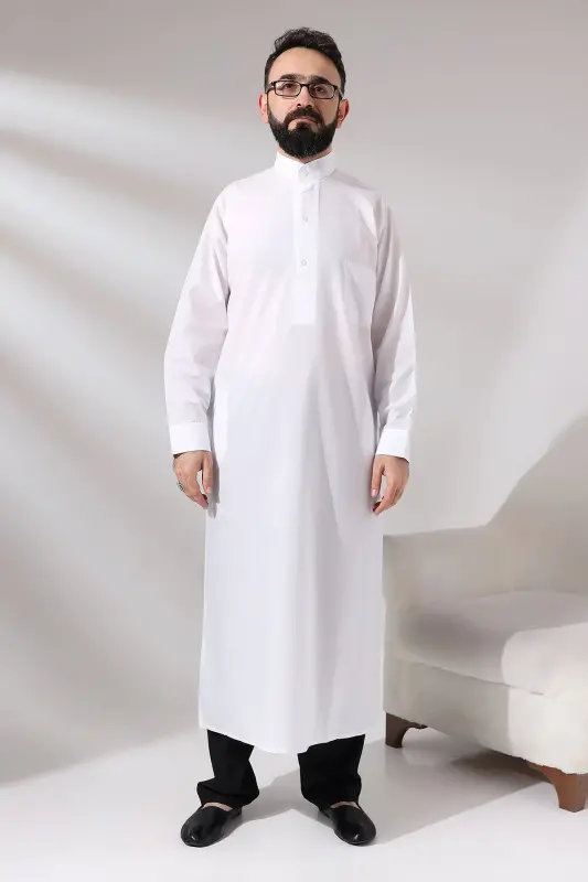 Men's White Poplar Hajj and Umrah Outfit Long Boy Dagron Fabric Dress - 1