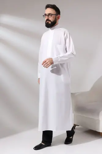 Men's White Poplar Hajj and Umrah Outfit Long Boy Dagron Fabric Dress - 3
