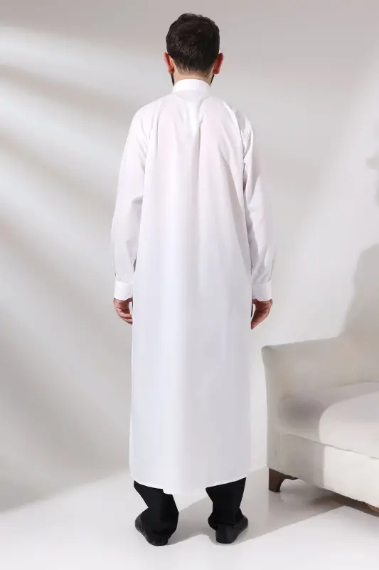 Men's White Poplar Hajj and Umrah Outfit Long Boy Dagron Fabric Dress - 4