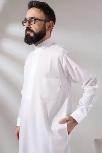 Men's White Poplar Hajj and Umrah Outfit Long Boy Dagron Fabric Dress - 5