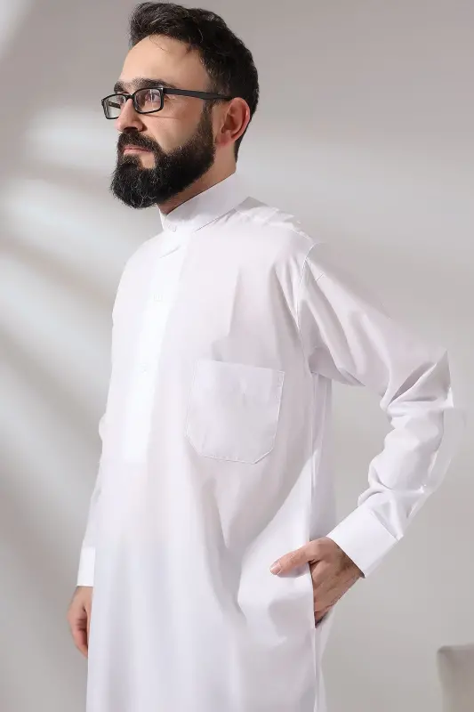 Men's White Poplar Hajj and Umrah Outfit Long Boy Dagron Fabric Dress - 5
