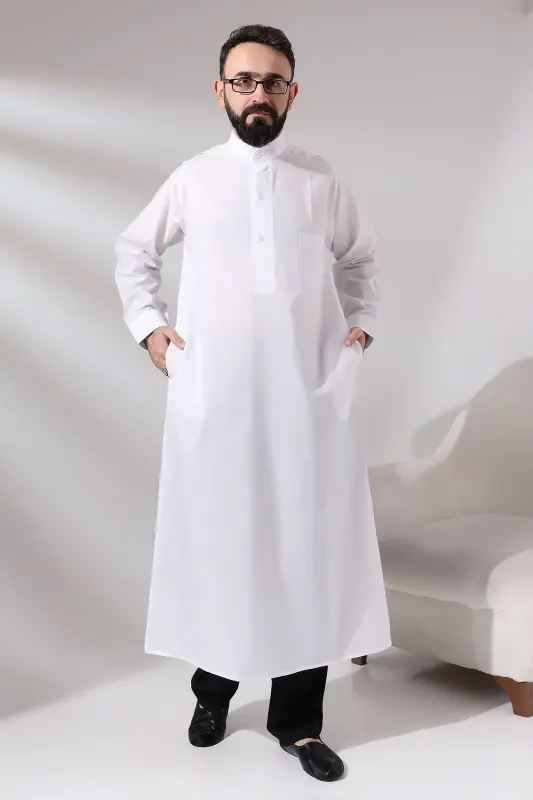 Men's White Poplar Hajj and Umrah Outfit Long Boy Dagron Fabric Dress - 6