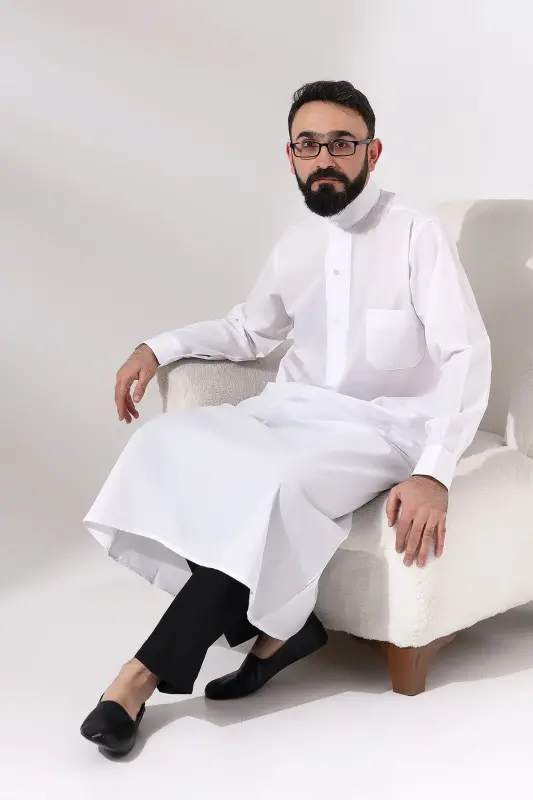 Men's White Poplar Hajj and Umrah Outfit Long Boy Dagron Fabric Dress - 7