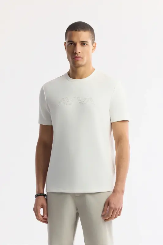 Men's White Printed Crew Neck Interlock T-Shirt A41Y1174-White - AVVA