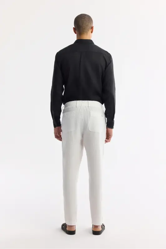 Men's White Relaxed Fit Elastic Waist 100% Linen P - 5