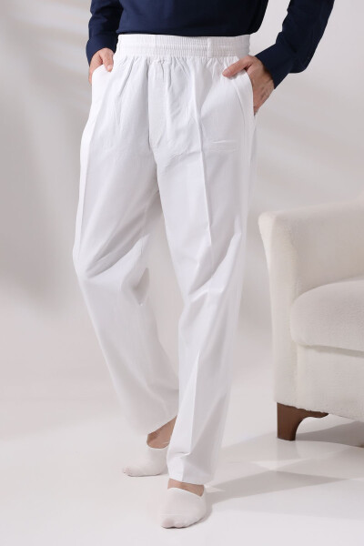 Men's White Relaxed Fit Elastic Waist Linen Hajj and Umrah Shalwar Pants - IHVAN ONLINE