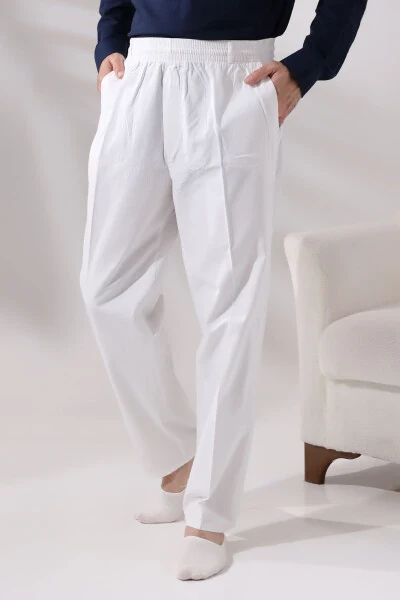 Men's White Relaxed Fit Elastic Waist Linen Hajj and Umrah Shalwar Pants - 1