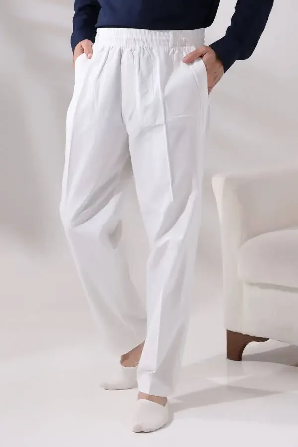 Men's White Relaxed Fit Elastic Waist Linen Hajj and Umrah Shalwar Pants - 1