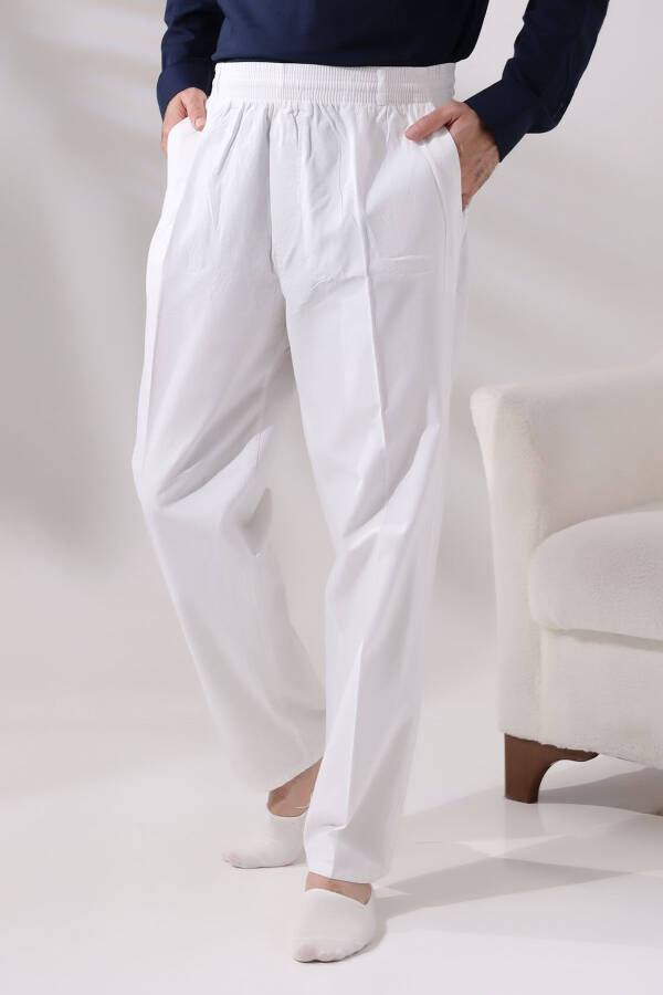 Men's White Relaxed Fit Elastic Waist Linen Hajj and Umrah Shalwar Pants - 1