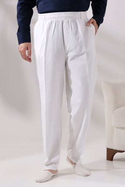 Men's White Relaxed Fit Elastic Waist Linen Hajj and Umrah Shalwar Pants - 2