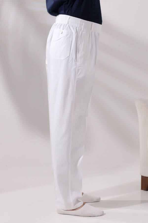 Men's White Relaxed Fit Elastic Waist Linen Hajj and Umrah Shalwar Pants - 3