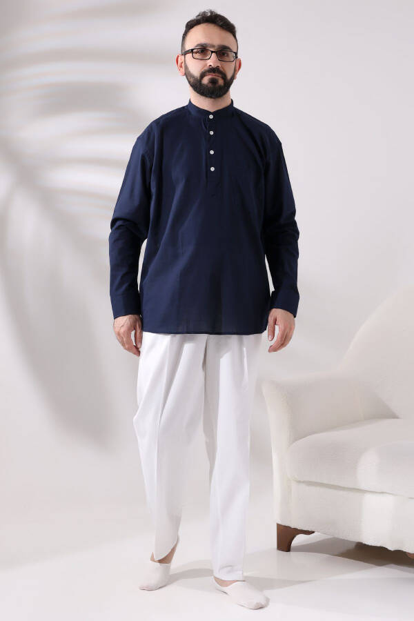 Men's White Relaxed Fit Elastic Waist Linen Hajj and Umrah Shalwar Pants - 5