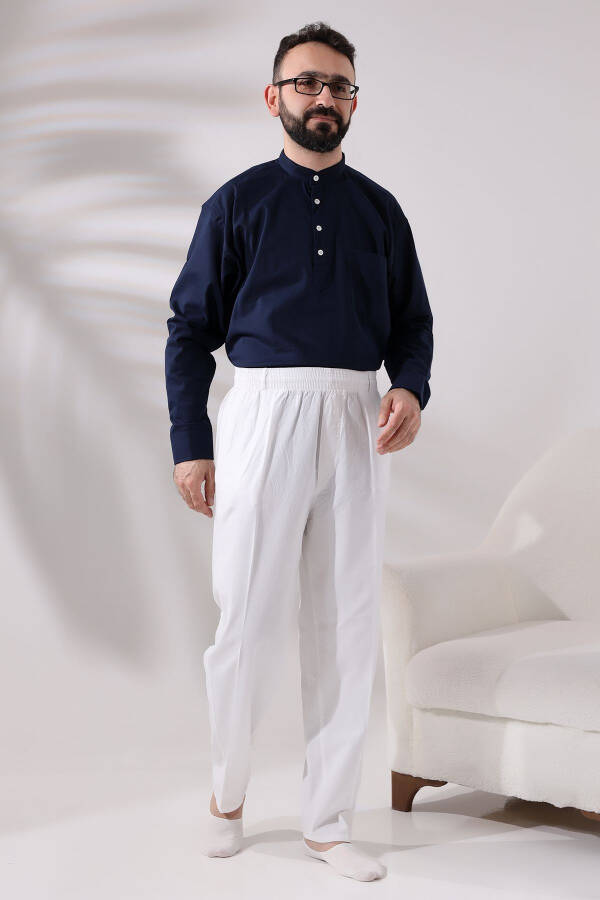 Men's White Relaxed Fit Elastic Waist Linen Hajj and Umrah Shalwar Pants - 7