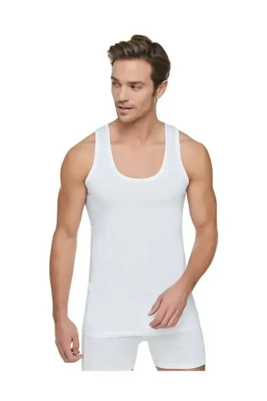 Men's White Ribbed Lycra Tank Top 3-Pack Navy Belt-WHITE NAVY - 1