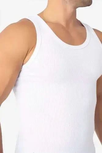 Men's White Ribbed Tank Top Cotton Lycra Rib Knit Halter Neck Slim Fit Tank Top - BÜYÜKBEDENIZ (1)
