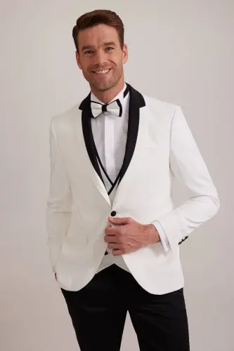 Men's White Shawl Collar Slim Fit Groom Suit - 3