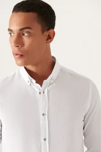 Men's White Shirt 100% Cotton Fine Soft Touch Buttoned Collar Long Sleeve Regular Fit E002206 - AVVA (1)