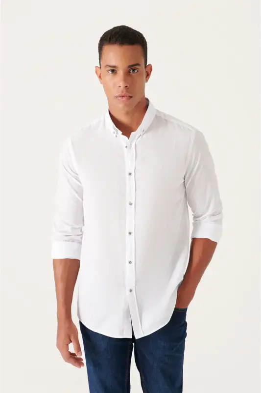 Men's White Shirt 100% Cotton Fine Soft Touch Buttoned Collar Long Sleeve Regular Fit E002206 - AVVA