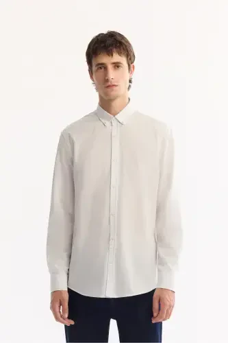 Men's White Shirt Button Down Collar Comfort Fit 100% Cotton Linen Textured E002141 - 1