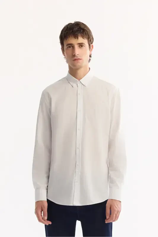 Men's White Shirt Button Down Collar Comfort Fit 100% Cotton Linen Textured E002141 - 1