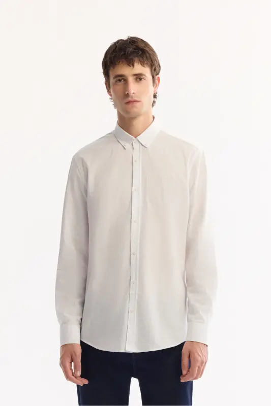 Men's White Shirt Button Down Collar Comfort Fit 100% Cotton Linen Textured E002141 - AVVA