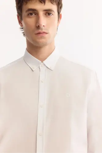 Men's White Shirt Button Down Collar Comfort Fit 100% Cotton Linen Textured E002141 - 2