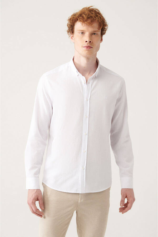 Men's White Shirt Button Down Collar Comfort Fit 100% Cotton Linen Textured E002141 - 7