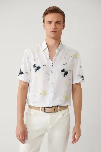 Men's White Shirt with British Collar Print Viscose Regular Fit A41y2180 - 1