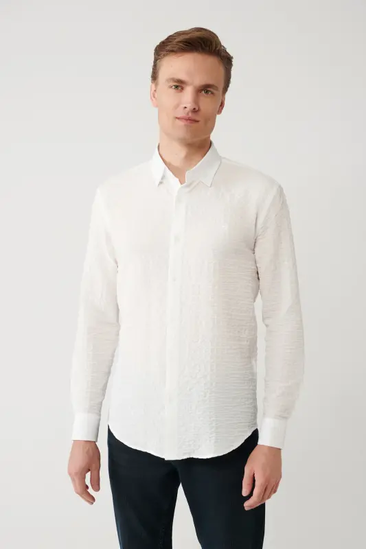 Men's White Shirt with British Collar, Waffle Texture, Regular Fit A41y2060 - Modazone