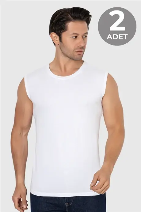 Men's White Sleeveless T-Shirt Tank Top Cotton Lycra 2-Pack - 1