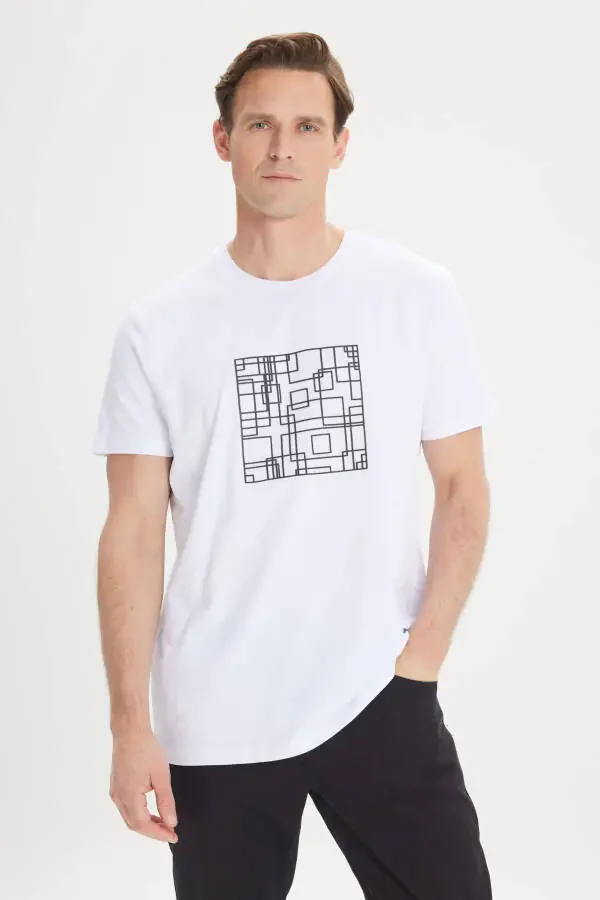 Men's White Slim Fit Cotton Stretch Print - 1