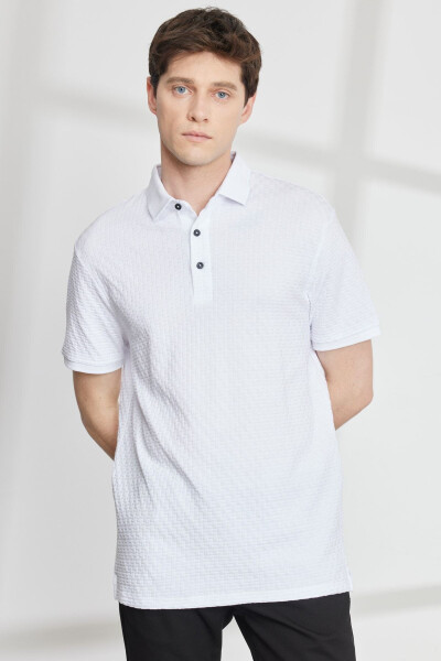 Men's White Slim Fit Crew Neck Jacquard - 1