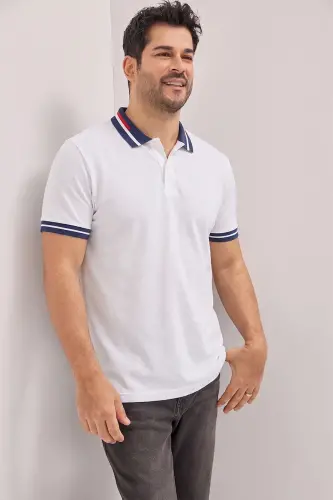 Men's White Slim Fit Narrow Cut 100% Cotton Non-Iron Polo Neck T-Shirt 
