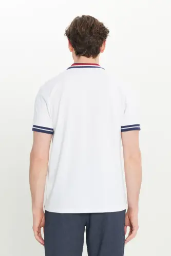 Men's White Slim Fit Narrow Cut 100% Cotton Non-Iron Polo Neck T-Shirt - 7
