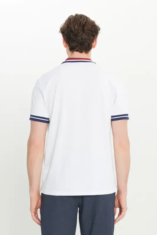 Men's White Slim Fit Narrow Cut 100% Cotton Non-Iron Polo Neck T-Shirt - 7