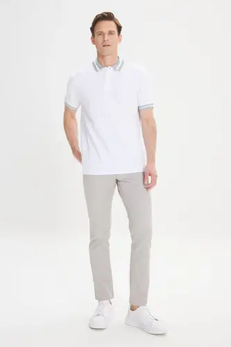 Men's White Slim Fit Narrow Cut 100% Cotton Non-Iron Polo Neck T-Shirt - 5