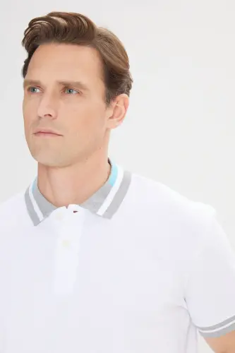 Men's White Slim Fit Narrow Cut 100% Cotton Non-Iron Polo Neck T-Shirt - 8