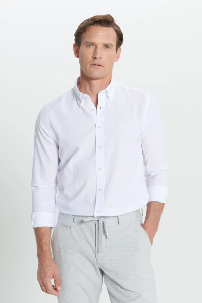 Men's White Slim Fit Narrow Cut Button-Down Collar Striped Flannel Shirt - ALTINYILDIZ CLASSICS