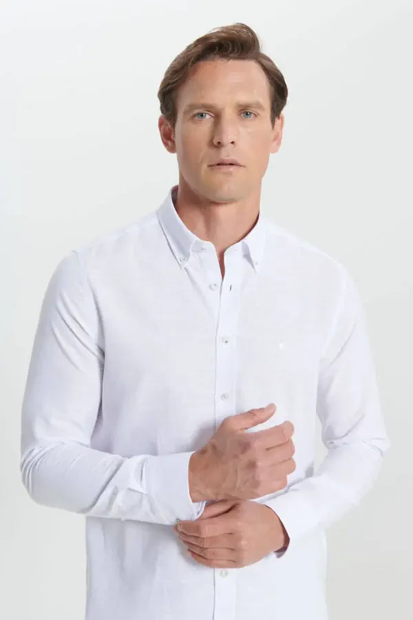 Men's White Slim Fit Narrow Cut Button-Down Collar Striped Flannel Shirt - 3