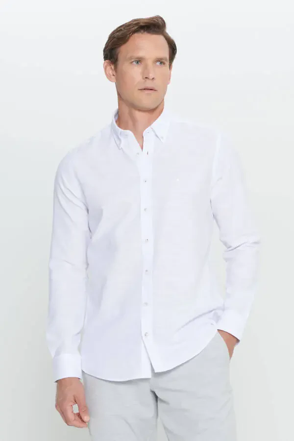 Men's White Slim Fit Narrow Cut Button-Down Collar Striped Flannel Shirt - 4