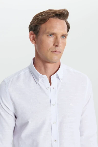 Men's White Slim Fit Narrow Cut Button-Down Collar Striped Flannel Shirt - 5