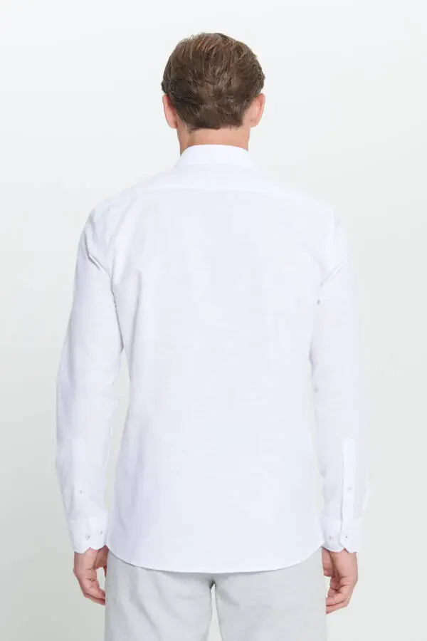 Men's White Slim Fit Narrow Cut Button-Down Collar Striped Flannel Shirt - 6