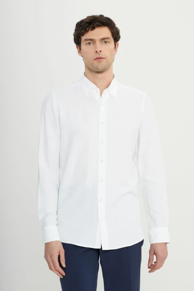 Men's White Slim Fit Narrow Cut Buttoned Collar Textured - 1