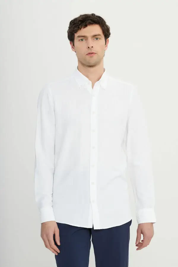 Men's White Slim Fit Narrow Cut Buttoned Collar Textured - 1