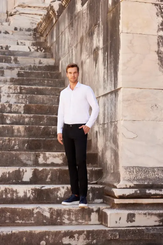 Men's White Slim Fit Narrow Cut Plain Stiff Collar Long Sleeve Shirt - 1