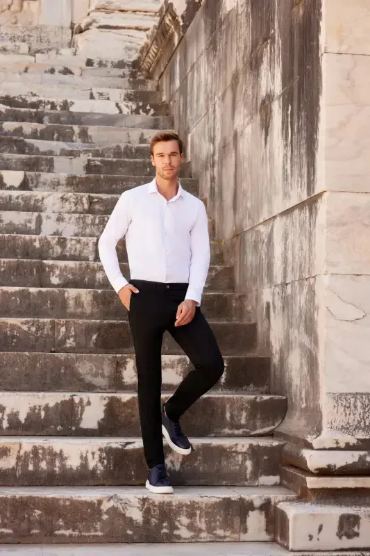 Men's White Slim Fit Narrow Cut Plain Stiff Collar Long Sleeve Shirt - 2