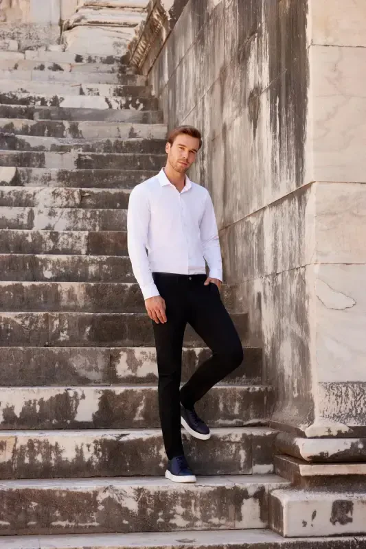 Men's White Slim Fit Narrow Cut Plain Stiff Collar Long Sleeve Shirt - 3